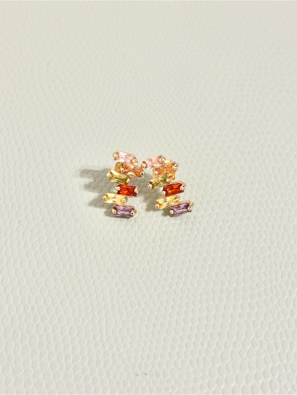 Rainbow Baguette Stud Earrings Gold Plated Multicolor CZ Boho